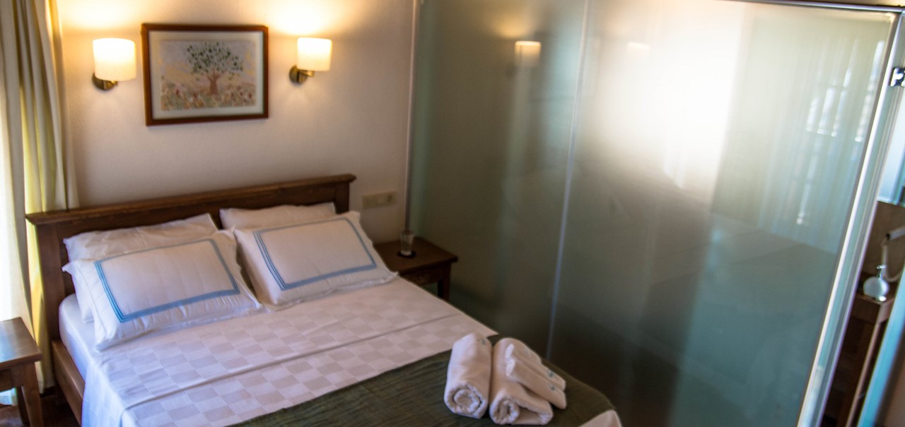 Room 4 with a glass screen separating the en-suite bathroom