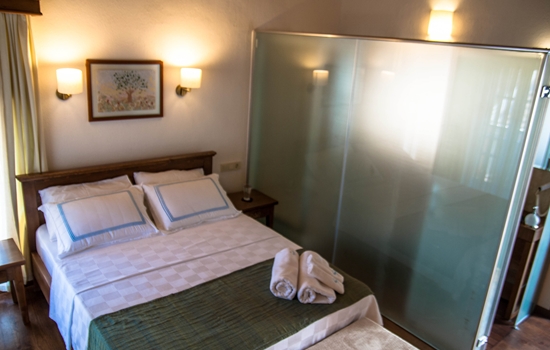 Room 4 with a glass screen separating the en-suite bathroom