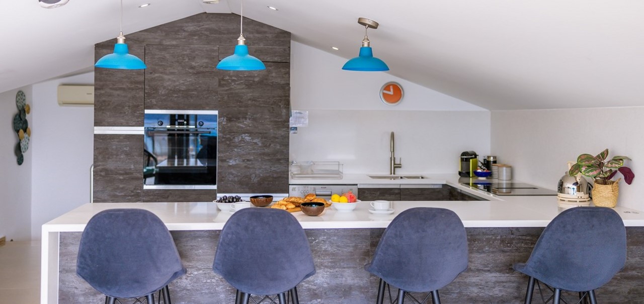 Kitchen From Behind Stools