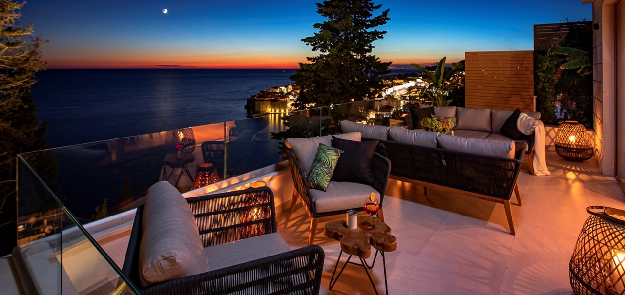 053 Villa Bellevue Dubrovnik Upper Terrace Night Time City View